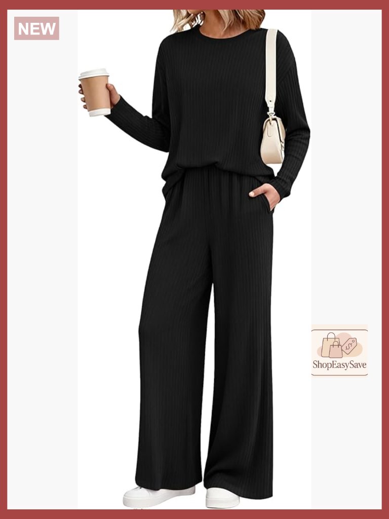 Long Sleeve Ribbed Knit 2 Piece Lounge Sets Wide Leg Pants Matching Travel